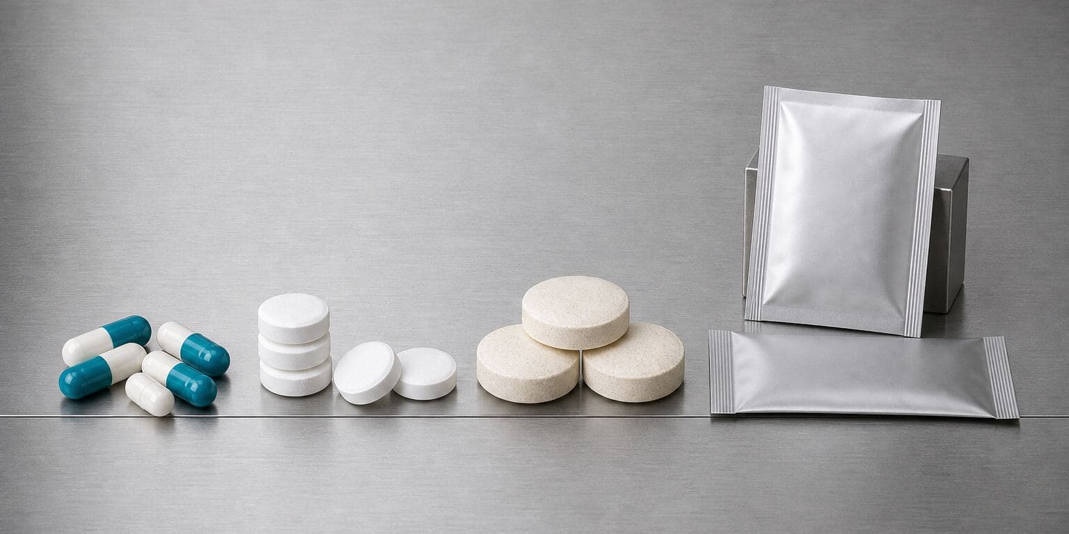 Four supplement dosage forms shown side by side on a stainless steel bench: two-tone hard capsules, plain white uncoated tablets, larger pale cream chewable tablets, and two sealed unprinted foil powder sachets.