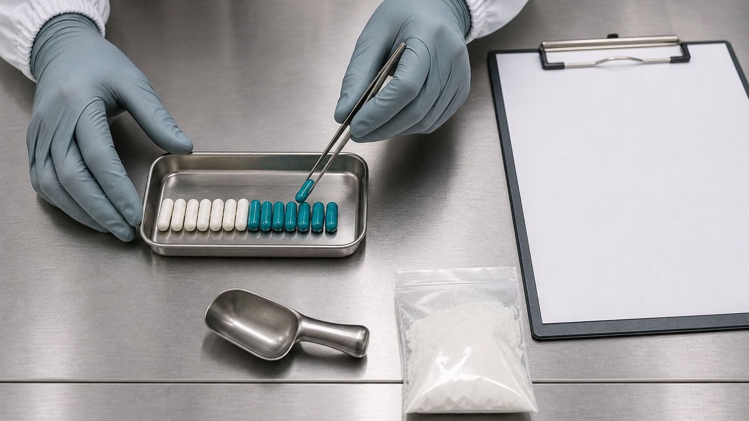 Close-up of gloved hands at a stainless steel bench, lifting a solid teal hard capsule with fine tweezers from a tray of plain white and plain teal capsules, beside a clipboard, a stainless steel scoop and a sealed sample bag of white powder.