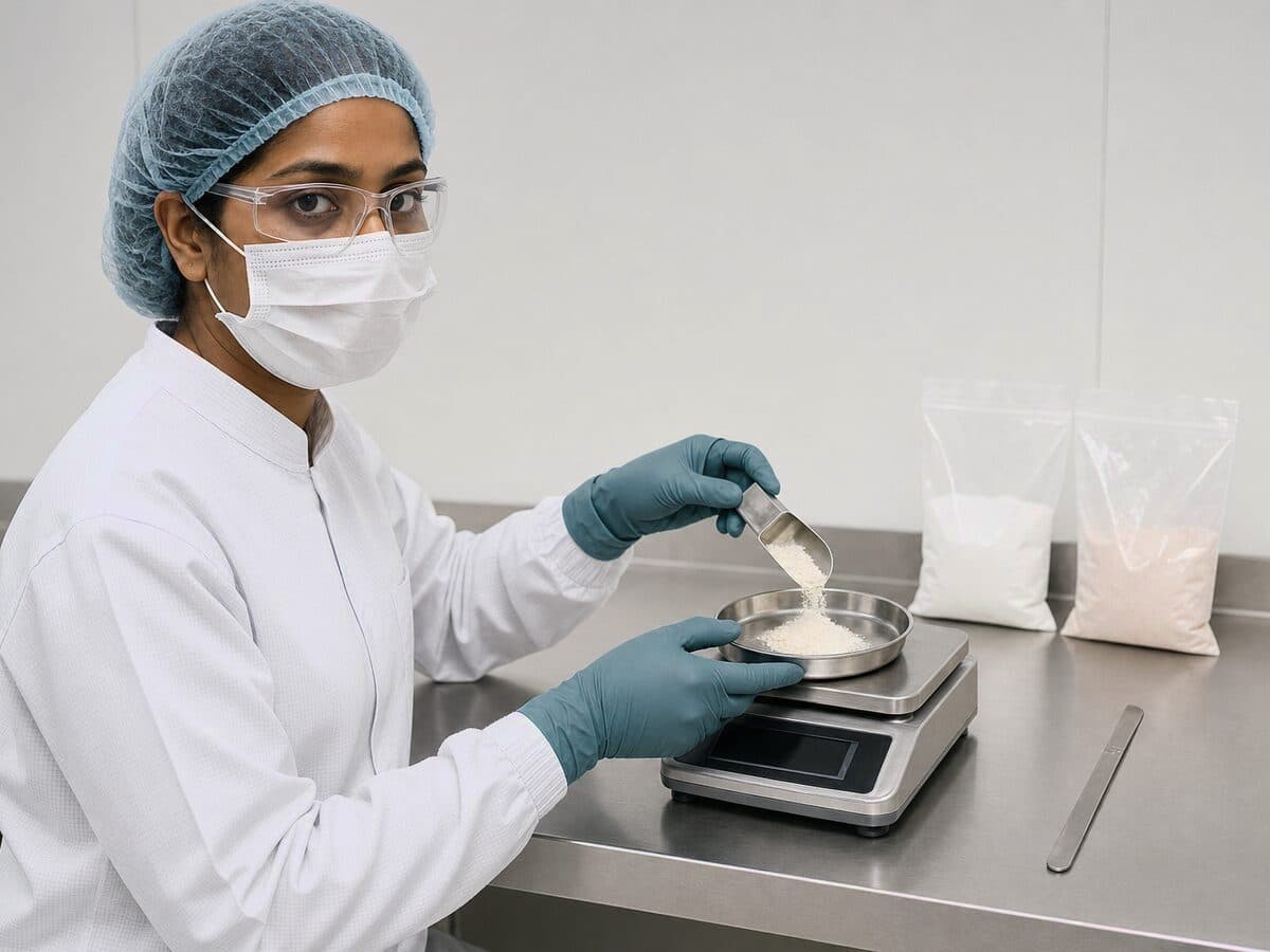 A person in a white gown, hairnet, safety glasses, face mask and gloves weighing pale cream powder from a stainless steel scoop into a dish on a digital bench balance, with sealed sample bags of powder and a spatula on the bench behind.